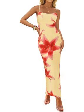 Women’s Yellow Floral Bodycon Maxi Square Neck Boho Beach Summer Long Dress